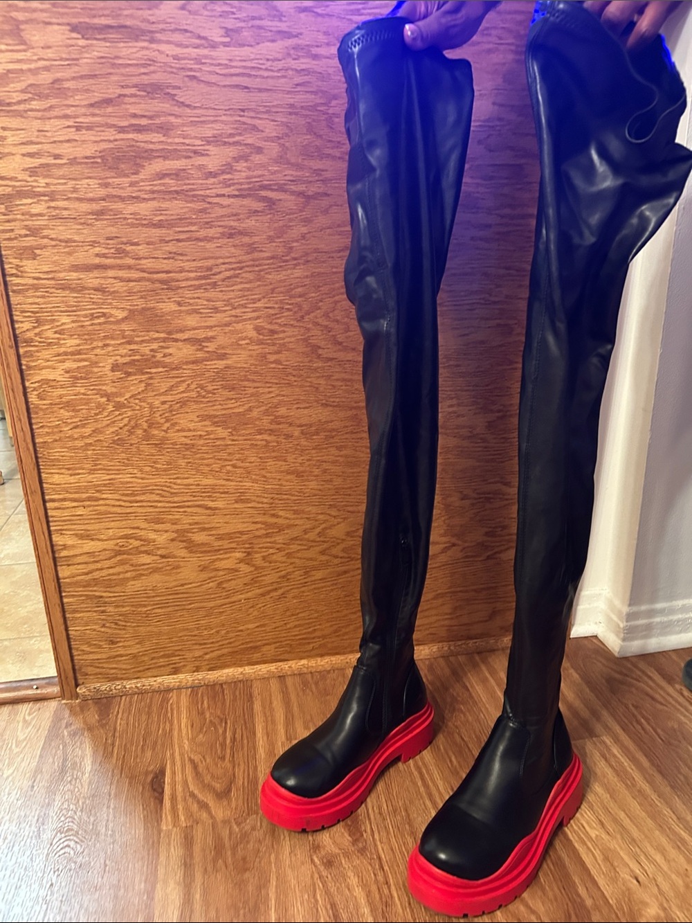 Akira Black Over-the-Knee Platform Boots with Red Sole